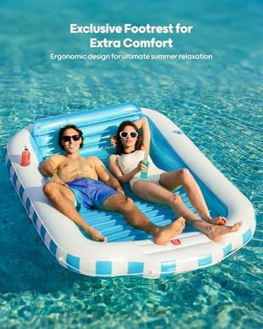 QPAU Inflatable Tanning Pool for Adults, 82"×60" Extra Large Tanning Float with Footrest, Removable Pillow, Cushion Base, 2 Cup Holders, Grip Rope – Tanning Pool Float for Backyard, Beach, Pool - Image 2
