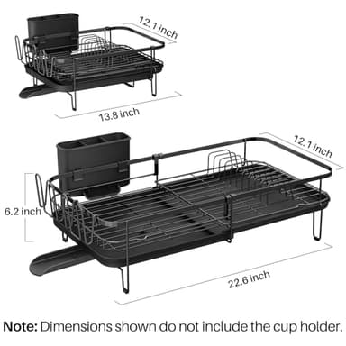 SNTD Dish Drying Rack, Expandable Dish Rack for Kitchen Counter, Metal Dish Drainer with Utensil & Cup Holder 13.8"-22.6" L x 12.1" W (Black) - Image 3