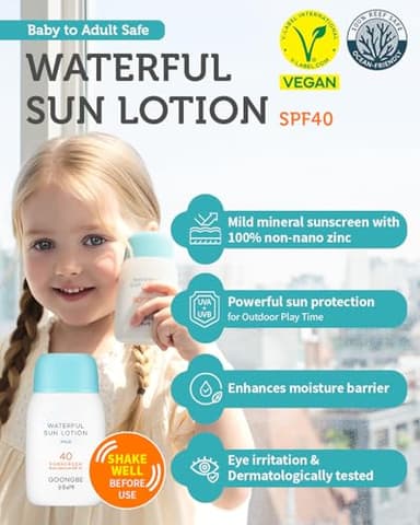 GOONGBE Waterful Sun Lotion Mild SPF 40 - Zinc Oxide Water Resistant Mineral Sunscreen for Babies, Kids & Adults - Hypoallergenic, Vegan, Reef-Safe - Korean Sun Care for Sensitive Skin, 2.82 fl.oz. - Image 2