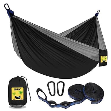 SZHLUX Camping Hammock Double & Single Portable Hammocks with 2 Tree Straps and Attached Carry Bag,Great for Outdoor,Indoor,Beach,Camping,Black & Grey, Large - Image 1
