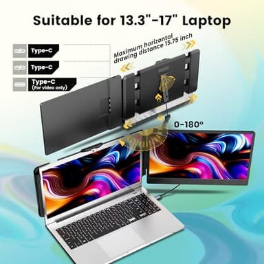 domyfan 14" Laptop Monitor Extender, FHD 1080P IPS Dual Laptop Screen Extender, HDMI/USB-A/Type-C Plug and Play for Windows, Mac, Chrome, Android, Xbox, Switch, PS5, Work with 13.3”-17” Laptops - Image 3