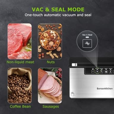 Bonsenkitchen Vacuum Sealer Machine, Stainless Steel Food Sealer Vacuum Sealers with 100 Bags & 1 Roll, 5 Food Vacuum Modes, Built-in Cutter & Bag Storage, Black - Image 3