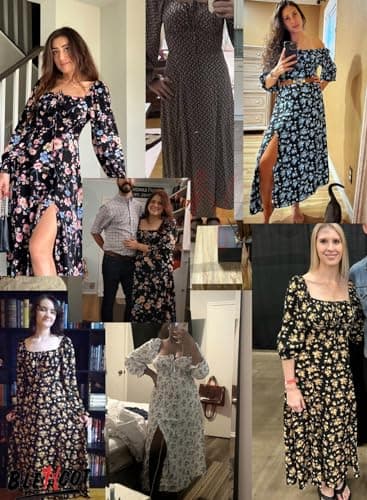 BLENCOT Casual Womens Square Neck Long Sleeve Split Thigh Dress Boho Floral Print Flowy Tie Front Midi Dresses Black Blue L - Image 6