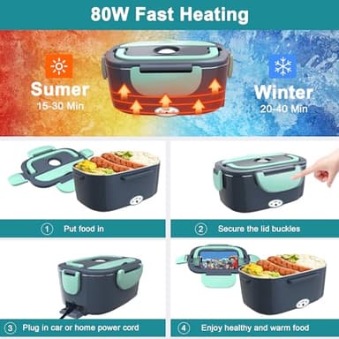 Electric Heated Lunch Boxes Adults: 80W Electric Lunch Box Food Heated 12/24/110V 1.5L Heatable Lunch Box for Car/Truck/Office Leak-Proof Stainless Steel Container, Fork & Spoon, Bag (Grey+Green) - Image 4