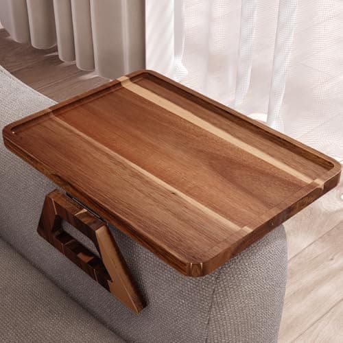 Danfoxer Acacia Wood Couch Arm Tray,Folding Sofa Armrest Tray,Couch Arm Table Clip-On Couch Desk for Drinks, Snacks,Phone,Remote Control - Image 1