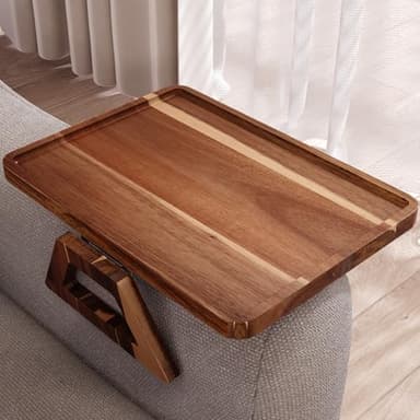 Danfoxer Acacia Wood Couch Arm Tray,Folding Sofa Armrest Tray,Couch Arm Table Clip-On Couch Desk for Drinks, Snacks,Phone,Remote Control - Image 1
