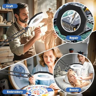 10X Magnifying Glass with Light and Clamp, KIRKAS Octagon LED Magnifying Lamp, 3 Color Modes and Stepless Dimmable, Hands Free Lighted Magnifier Glass Lens for Crafts, Repair, Close Work - Black - Image 6