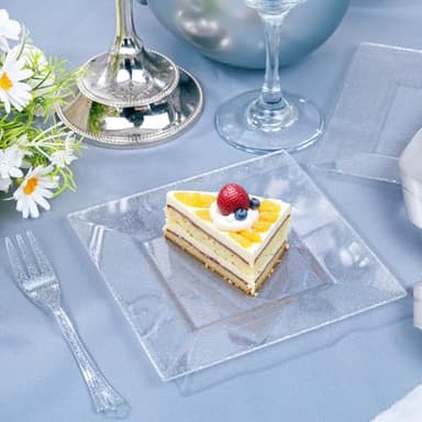 DaYammi 100Pcs Silver Dessert Plates Including 50Pcs Appetizer Plates 6",50Pcs Plastic Forks 5.7",Silver Glitter Plastic Square plate for Wedding,silver Salad plates and Cake Forks for Birthday Party - Image 3