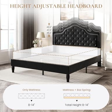 SHA CERLIN Queen Bed Frame with Adjustable Headboard/Velvet Upholstered/Diamond Button Tufted and Metal Studs/No Box Spring Needed/Wood Slat Support/Easy Assembly/Black - Image 8