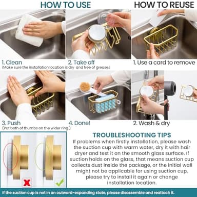 TAILI Sponge Holder for Kitchen Sink with Strong Suction Cup Removable, Rustproof Aluminum Sink Caddy for Sponge, Brush, Scrubber, Scraper -Gold - Image 6