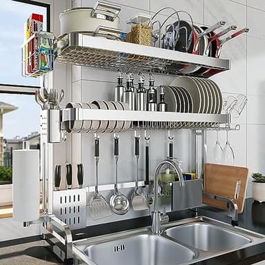 LIVOD Over The Sink Dish Drying Rack,3 Tier Adjustable Length Full Stainless Steel Large Storage Kitchen Dish Rack,for Kitchen Counter Expandable Multifunctional Organizers,Silver (25.98-37.6") - Image 1
