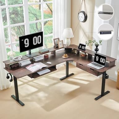 RedLemon 75X60 Inches L Shaped Electric Standing Desk, Height Adjustable Corner Gaming Desk with Drawers, Keyboard Tray, Power Outlets & LED Lights, Computer Desk with Monitor Shelf, Dark Walnut - Image 1