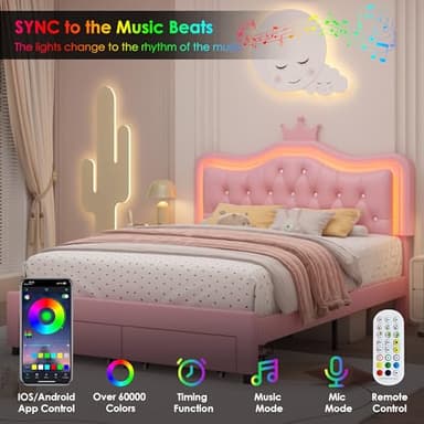 Keyluv Full Upholstered LED Bed Frame with Storage Drawer, Leather Princess Platform Bed with Adjustable Crystal Button Tufted Crown Headboard, Solid Wooden Slats Support, No Box Spring Needed, Pink - Image 3