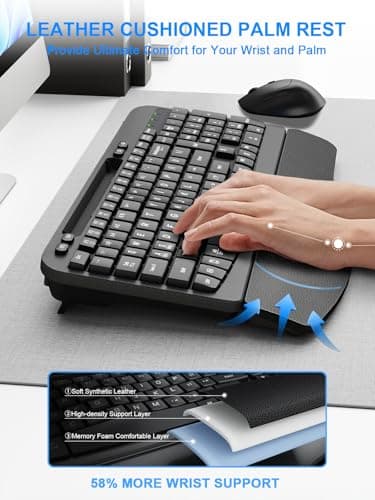 Wireless Keyboard and Mouse Combo, Wave Keys Computer Ergonomic Keyboard with Cushioned Plam Rest, Phone Holder, 2.4GHz Silent 6 Button Wireless Mouse Set for Laptop, PC, Windows, Mac (Black) - Image 2
