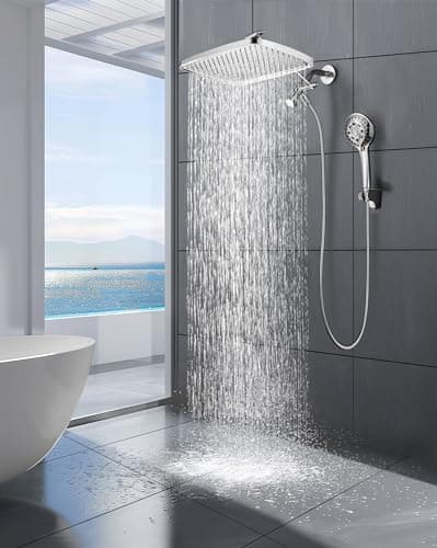 Cobbe 12'' Rain Shower Head with Extension Arm - Dual Shower Heads with 8 Modes Handheld Spray Combo - Wide RainFall shower with Anti-Clog Nozzles, Adhesive Showerhead Holder, Chrome - Image 1