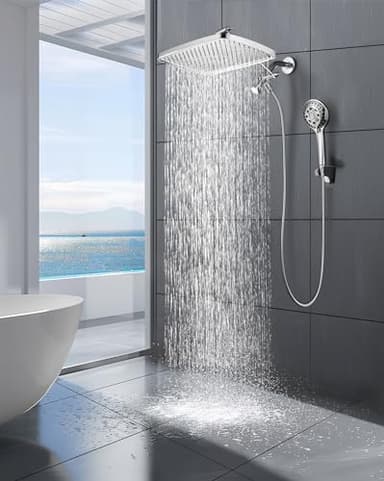 Cobbe 12'' Rain Shower Head with Extension Arm - Dual Shower Heads with 8 Modes Handheld Spray Combo - Wide RainFall shower with Anti-Clog Nozzles, Adhesive Showerhead Holder, Chrome - Image 1
