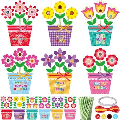 Kosiz 24 Sets Mother's Day Crafts Kit for Kids Flower Card Making Kit with Buttons Straws Ribbon DIY Flower Pot Handmade Greeting Card for Mother's Day Gift Home School Classroom Art Activities - Image 1