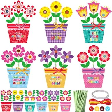 Kosiz 24 Sets Mother's Day Crafts Kit for Kids Flower Card Making Kit with Buttons Straws Ribbon DIY Flower Pot Handmade Greeting Card for Mother's Day Gift Home School Classroom Art Activities - Image 1