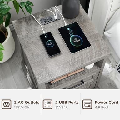 ACCOHOHO 18" Farmhouse Nightstand with Charging Station,End Table with 2 Drawers Storage,Side Table,Bedside Cabinet for Bedroom,Living Room,Grey - Image 3