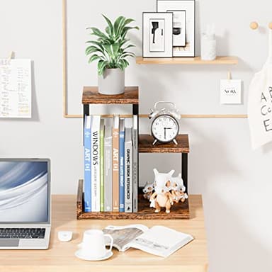 Gannyfer Desk Shelf Organizer - Wood Desktop Shelf, Freestanding Desk Hutch Office Decor, 3 Tier Storage Display Rack, Small Bookshelf with Metal Frame for Books/Plants/Toys (Natural Wood Color) - Image 2