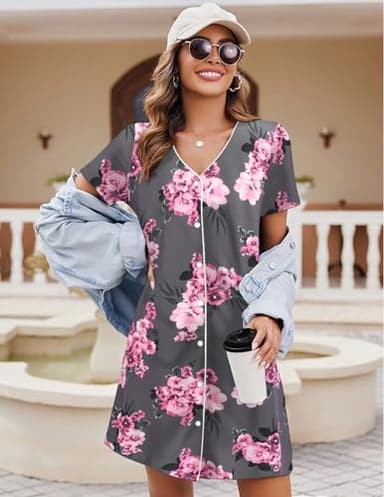 Ekouaer Nightgowns for Women 2 Pack Button Down Sleepshirt Short Sleeve Nightshirt Soft Sleepwear V Neck Pajama Dress Grey Floral/Blue Star XXXL - Image 2