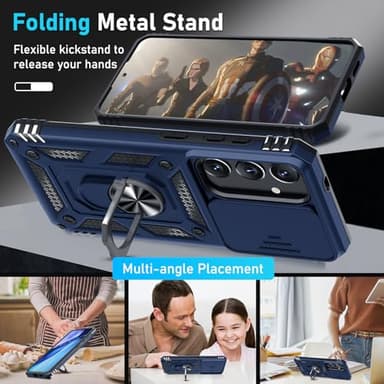 Janmitta Compatible with Samsung Galaxy S25 Plus/S24 Plus Case Built in Slide Camera Lens Cover+Screen Protector+Finger Ring Holder Kickstand,Heavy Duty Shockproof Full Body Phone Cover,Blue - Image 2