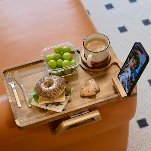 Premium Acacia Wood Sofa Arm Tray Table for Couch | Clip on Food Tray for Wide Armrest | Anti-Slip Wooden Armchair Folding Table for Drinks and Snacks, Remote Controls, Phone, TV Dinners (Deluxe) - Image 1