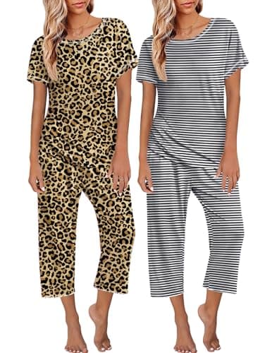 Ekouaer 2 Pack Women's Pajamas Short Sleeve Sleepwear Tops and Capri Pants Pjs Black Stripe，Leopard XL - Image 1