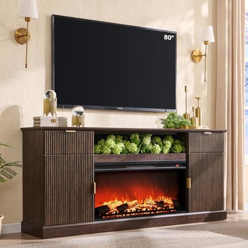 IFGET Modern Fluted Fireplace TV Stand with 36" Electric Fireplace for 80 Inch TV, 31" Tall Entertainment Center with 2 Drawers and Adjustable Shelves, Wood Media Console for Living Room, Brown - Image 1