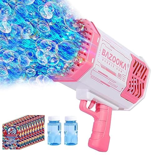 Bubble Machine Gun, 69 Holes Bubble Gun with Lights, Pink Outdoor Summer Beach Kids Bubbles Toys Birthday Wedding Party Halloween Fun for Girls Boys - Image 1