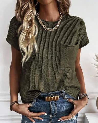 KIRUNDO Summer Fall Short Sleeve Sweater for Women 2025 Casual Sweater Vest Cotton Knit Pullover Tank Tops Fashion Clothing(Army Green, Medium) - Image 4