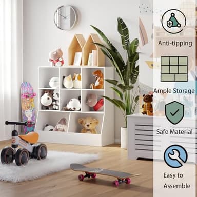 DINZI LVJ Toy Storage Organizer, Kids Bookshelf, Wood Toy Storage Cabinet, 3-Tier 8 Cubby Children Bookcase, 39.4" L Toddler Book Shelf for Playroom, Living Room, Nursery, Hallway, School, White - Image 5