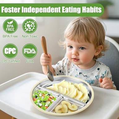 BUSOHA 3 Pack Stainless Steel Kids Plate with Suction - 9” Divided Toddler Baby Plates with Silicone Sleeves Non-Slip 2-in-1 Anti Breakage Metal Toddler Bowls Microwave Dishwasher Safe - Image 6