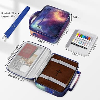 FINPAC Large Bible Cover w/Shoulder Strap, Carrying Book Case Church Bag Bible Protective w/Pen Slots and Zippered Pocket, Gift for Women Lady, Galaxy - Image 4