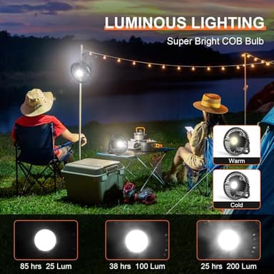 Odoland Camping Fan with LED Lantern, Rechargeable Battery Operated Fan with Hang Hook, Portable Camp Tent Fan, USB Table Fan with Light for Outages Hurricane Emergency - Image 3