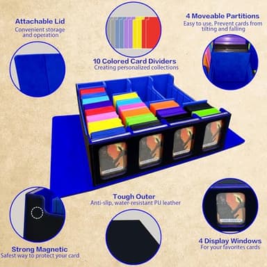 PROMAXIBINDER Trading Card Storage Box Fits 3200+ MTG/TCG/YuGiOh Cards, Commander Deck Case, 4 Display Windows 10 Dividers 4 Movable Partitions, PU Leather, Magnetic Closure, Magic, Sport Cards (Blue) - Image 6