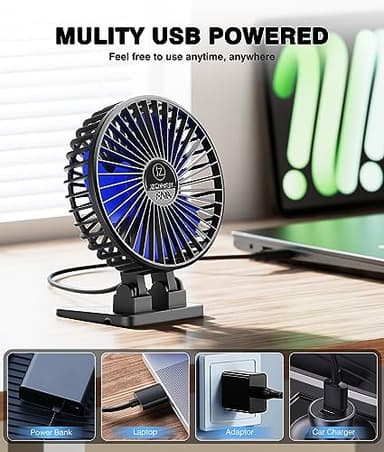 JZCreater USB Desk Fan, Mini Portable Fans, 3 Speeds Desktop Table Cooling Fan, Plug in Power, Rotation Strong Wind, Quiet Personal Small for Home Office Travel Bedroom, Black Blue - Image 5