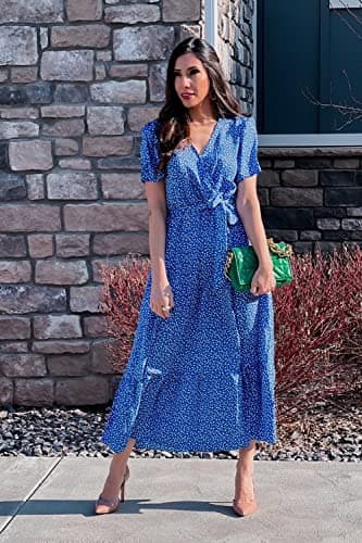 PRETTYGARDEN Women's 2024 Floral Boho Dress Wrap V Neck Short Sleeve Belted Ruffle Hem A-Line Flowy Maxi Dresses (Blue Floral,Large) - Image 5