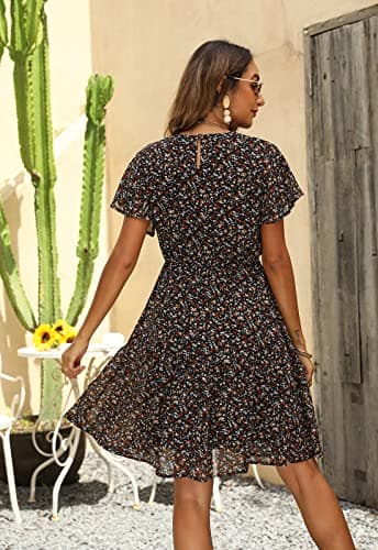 Manydress Women's Chiffon Floral Casual Summer Boho Flutter Sleeve Flowy Skater Western Dress MY112 (Black Print, M) - Image 2