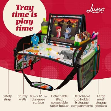 Lusso Gear Kids Travel Tray for Car Seat - Dinos, Oxford Cloth & Plastic - Dry-Erase Tablet Holder with Cup Holder & Storage - Road Trip Essentials & Plane Activity Tray - Image 3