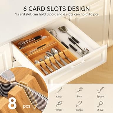 Yofidra Pure Bamboo Silverware Drawer Organizer: 16.53" Lx10 Wx1.93 H Large Silverware Utensil Tray Holder, 3-Compartment with 6 Card Slots Kitchen Flatware Organizer for Spoons Forks Knives - Image 3