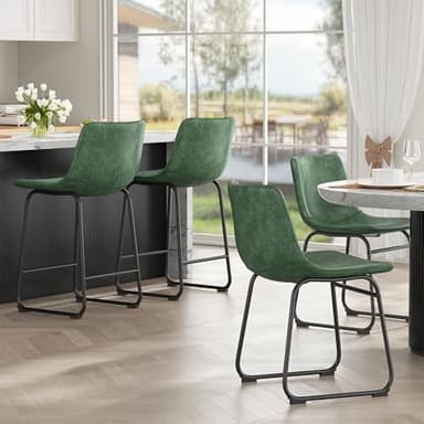 REONEY Bar Stools Set of 2, 26inch PU Leather Counter Height Bar Stools, Modern Barstools with Metal Legs and Footrest, Urban Armless Dining Chairs with Backrest for Kitchen Island (Green) - Image 3