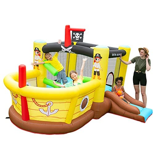 Doctor Dolphin Bounce House Inflatable Slide with Obstacles - Blower - Pirate Ship Theme - Ball Pit - Basketball Hoop, Inflatable Bouncers for Toddlers Kids Outdoor or Indoor, Wet and Dry - Image 1