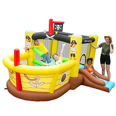 Doctor Dolphin Bounce House Inflatable Slide with Obstacles - Blower - Pirate Ship Theme - Ball Pit - Basketball Hoop, Inflatable Bouncers for Toddlers Kids Outdoor or Indoor, Wet and Dry - Image 1