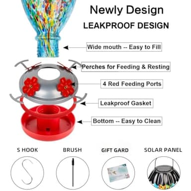 Solar Hummingbird Feeder for Outdoors Hanging Colorful Lighting 32 Oz Hand Blown Glass Hummingbird Feeder for Garden Decoration with Accessories (Blue) - Image 6