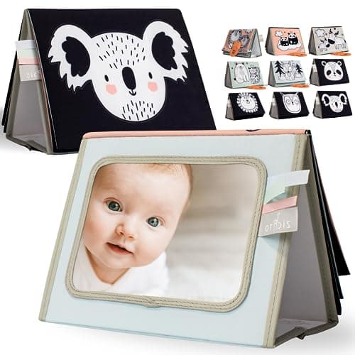 Soft Tummy Time Book w/ Large Stimulating Baby Safe Mirror - Fun High Contrast Montessori Toy w/ Mirror, Crinkle Filling & Silicone Teether - The Perfect Toy For Safe Early Newborn/Infant Development - Image 1