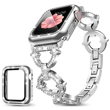 Mesime Compatible with Apple Watch Band 38mm 40mm 41mm 42mm 44mm 45mm , Women Girl Bling Diamond Jewelry Metal Strap Bands with Crystal Tempered Glass Screen Protector Case, Round Shiny Bracelet - Image 1