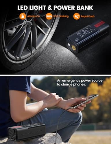 Tire Inflator Portable Air Compressor - Lamicall [150 PSI] [4X Faster] [Auto-Stop] Bike Car Cordless Air Pump with Rechargeable Battery, Car Pressure Gauge, LED Light, for Cars, Motorcycle, Bike, Ball - Image 6