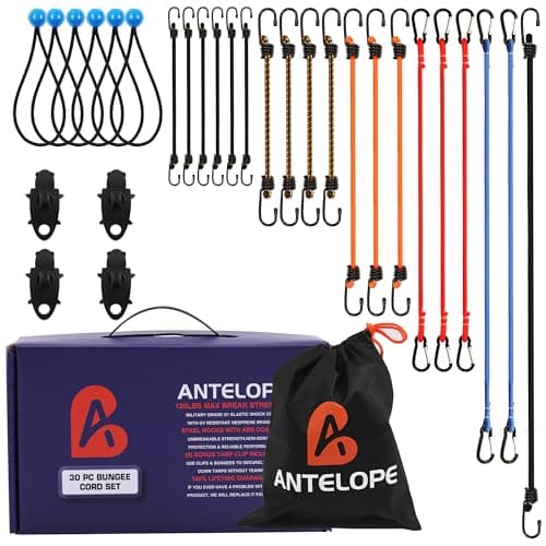 A ANTELOPE 30-Piece Premium Bungee Cord Assortment Includes 18", 24", 36", 48", 60" Bungee Cord, 8" Canopy/Tarp Ball Ties and Alligator Mouth Tarp Clips - Image 1