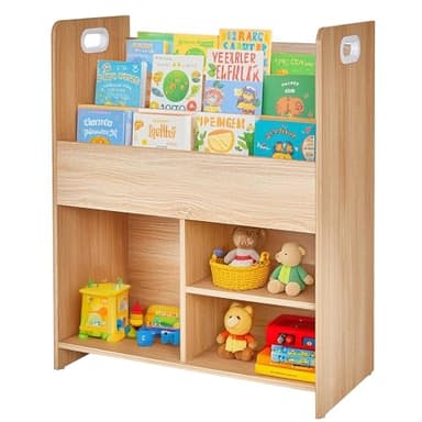 VECELO Wooden Children’s Bookshelf - Kids Book Organizer with 3-Tier Display and 2-Tier Storage Compartments, Easy-to-Access Toddler Bookcase for Playroom, Bedroom, or Nursery - Teak - Image 3